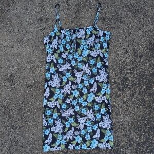 Blue & Green Fashion Bug Y2K Tropical Hibiscus Vacation Milkmaid Dress Plus Size